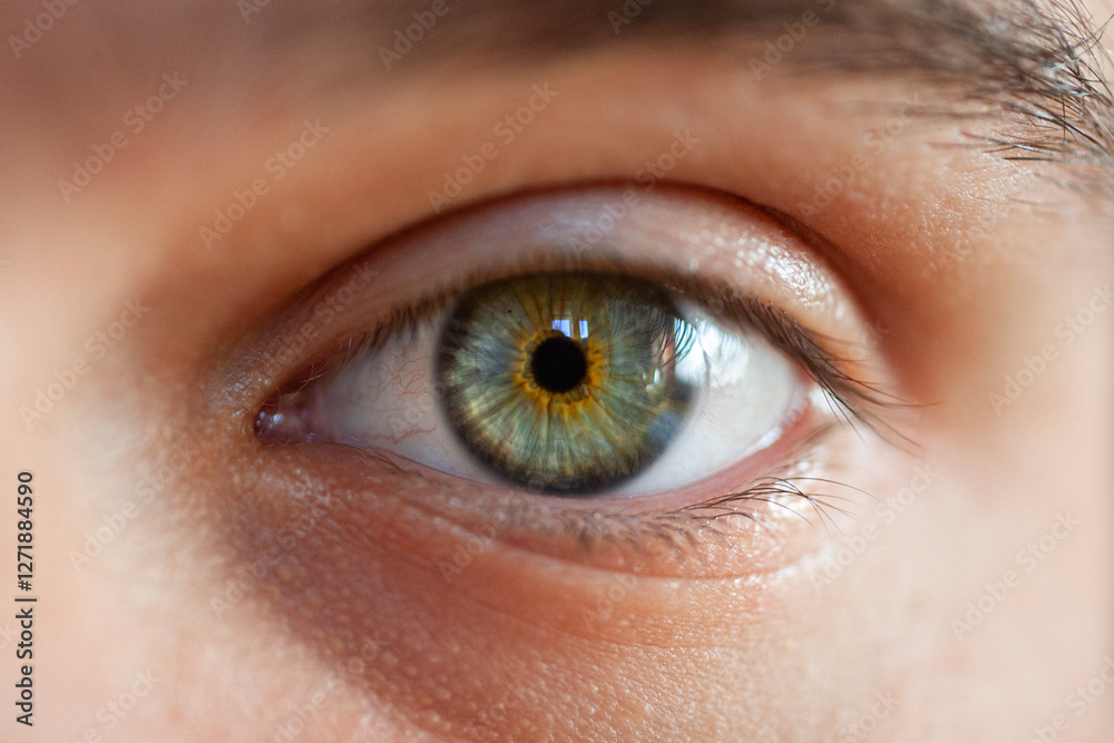Obraz premium Macro shot of a blue-green human eye, showcasing intricate iris patterns and vibrant colors in stunning detail.