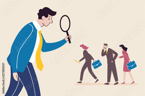 Recruitment searching the best candidate or job, Human resources, head hunt, choosing talent for job vacancy concept, employer boss or HR use magnifying glass to choose job interview people