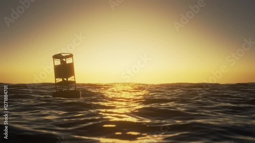 Buoy floating middle of the ocean with flashing light. Seamless looping animation.