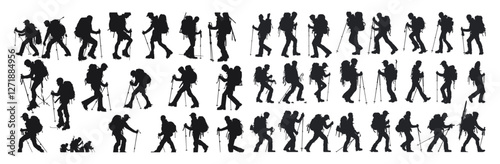 vector silhouette climber mountaineer hiker people collection, adventure, hiking, mountain trekking, outdoor activities, silhouette design, nature, exploration, summit, alpinism