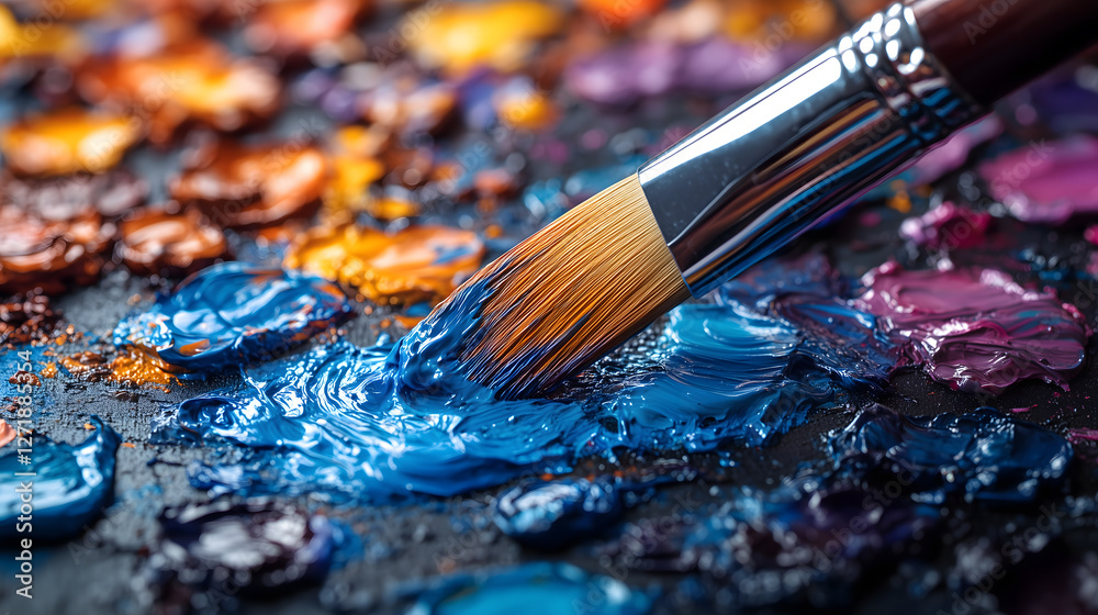 Fototapeta premium close up view of paintbrush mixing vibrant blue and purple oil paints on palette, showcasing rich textures and colors of paint
