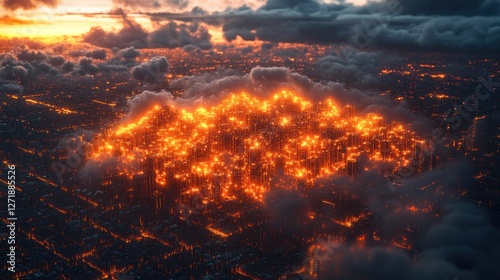 Burning city, aerial view, dramatic clouds, apocalyptic photo