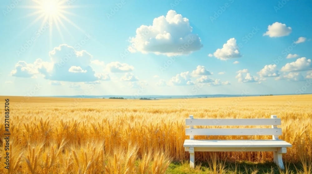 Obraz premium Serene Solitude A White Bench in a Sun-Drenched Golden Wheat Field Under a Bright Blue Sky with Fluffy White Clouds