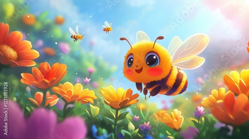 A whimsical watercolor illustration of a bee flying among vibrant yellow flowers in a field. Perfect for springtime designs, children's books, or nature-themed projects. photo