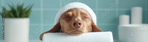 Peaceful Pup Relaxing After Bath With Towel on Head in Bathroom Calm Spa Moment Canine Hygiene and Tranquility
