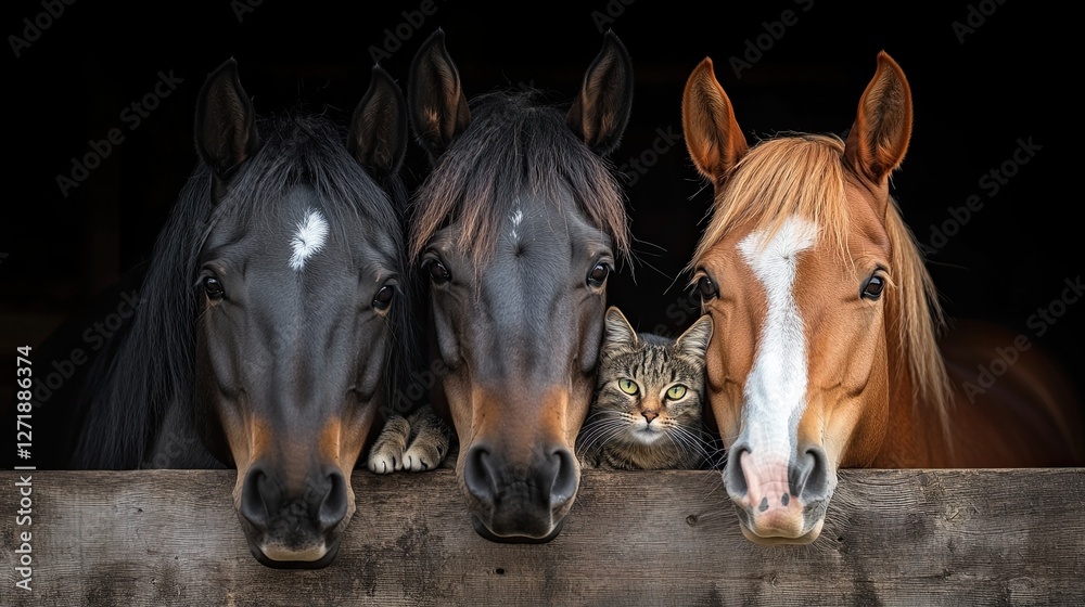 Fototapeta premium Three horses with a cat --