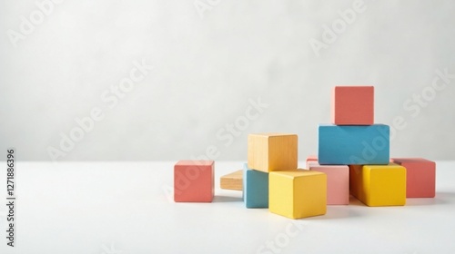 Pastel-colored wooden blocks arranged in a playful, haphazard stack on a minimalist white surface, suggesting creativity and childhood development
