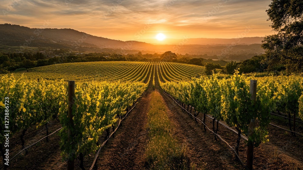 Fototapeta premium A sunrise over a vineyard with the early morning light highlighting the rows of grapevines and creating a warm, inviting glow across the landscape.