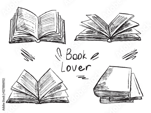 Reading process. Opened book, stack of books in black brush stroke texture. Hand drawn vector sketch illustration in vintage charcoal ink style. Fantasy, history, Sci-fi, literature. Book lover