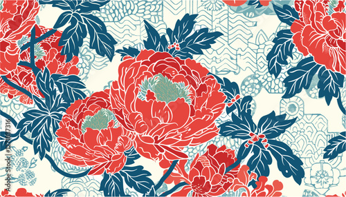 Peony flowers vector illustration, traditional Japanese fabric motifs, patchwork background, seamless pattern, floral design, Japanese style, ornamental flowers, textile patterns