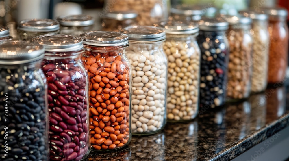 A vibrant assortment of dried beans in different colors and patterns, including red, white, and black beans, arranged in clear glass jars on a kitchen counter. A vibrant assortment of dried beans in different colors and patterns, including red, white, and black beans, arranged in clear glass jars on a kitchen counter.
