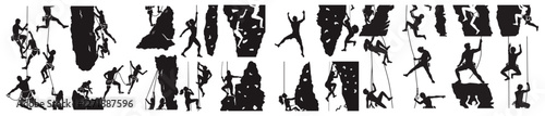 People rock climbing, man woman children, indoor outdoor climbing, free climbers silhouette, vector illustration, sports, adventure, climbing wall, active lifestyle, fitness