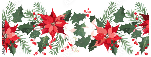 Seamless Christmas border vector illustration with winter plants, poinsettia, holly berries, mistletoe, pine branches, fir, cones, rowan berries, Xmas floral frame, holiday decoration