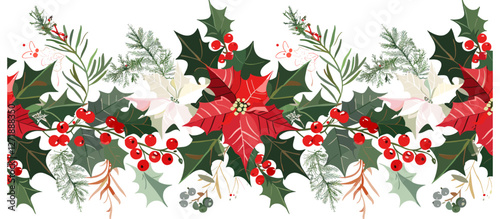 Christmas seamless border vector with winter plants, poinsettia, holly berries, mistletoe, pine, fir branches, cones, rowan berries, floral Xmas frame, holiday elements, New Year design