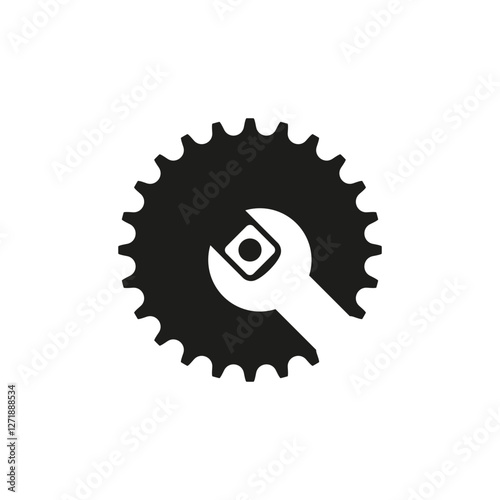 Spanner inside cogwheel. Bicycle sprocket and gear with wrench. Repair and servicing. Logo and gear icon. Isolated vector illustration on white background.