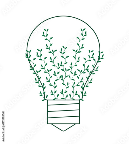 Lightbulb icon with green brunch.  Illustration doodle. Electric light bulb sign. Outline drawing. Lamp symbol. Infographics. Electricity. Energy efficiency. Saving. Sustainability at Home. Green Tech