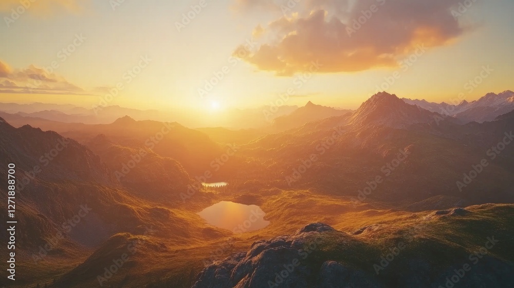 Obraz premium The sun rising over a mountain range, with the early morning light casting long shadows and illuminating the peaks in warm, golden hues.