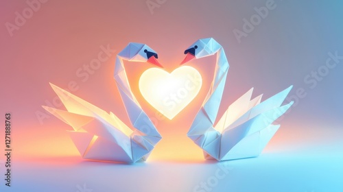Two elegant origami swans form a heart shape, illuminated softly, creating a romantic and serene atmosphere.