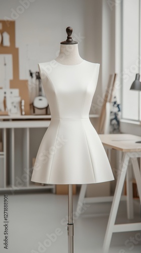 A white dress form stands elegantly in a bright, modern studio, showcasing a simple yet stylish design, surrounded by tools of the fashion trade.