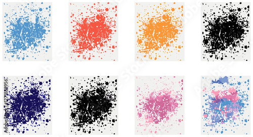 Set of banners with spray paint splashes, inkblot spots, watercolor covers, brush dots, seamless blobs, inky splatters, drips, dusty speckle effect, splash smudges, graffiti, drops