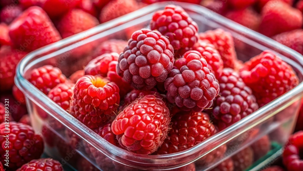 Fresh Red Raspberries in Clear Plastic Container - Top View Stock Photo Fresh Red Raspberries in Clear Plastic Container - Top View Stock Photo