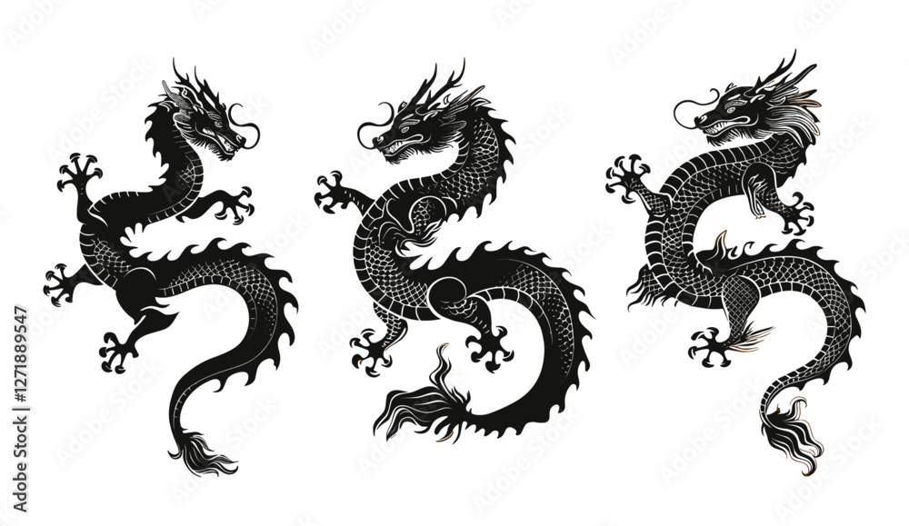 Four Chinese dragons, black and gold, zodiac symbols, New Year 2024, Asian vintage style, holiday posters, festive banners, dragon design elements, Asian culture, celebration Four Chinese dragons, black and gold, zodiac symbols, New Year 2024, Asian vintage style, holiday posters, festive banners, dragon design elements, Asian culture, celebration