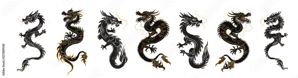 Chinese dragons, black and gold, New Year 2024, vintage Asian zodiac, set of four, holiday banners, New Year symbols, traditional dragon design, festive decorations, poster elements Chinese dragons, black and gold, New Year 2024, vintage Asian zodiac, set of four, holiday banners, New Year symbols, traditional dragon design, festive decorations, poster elements