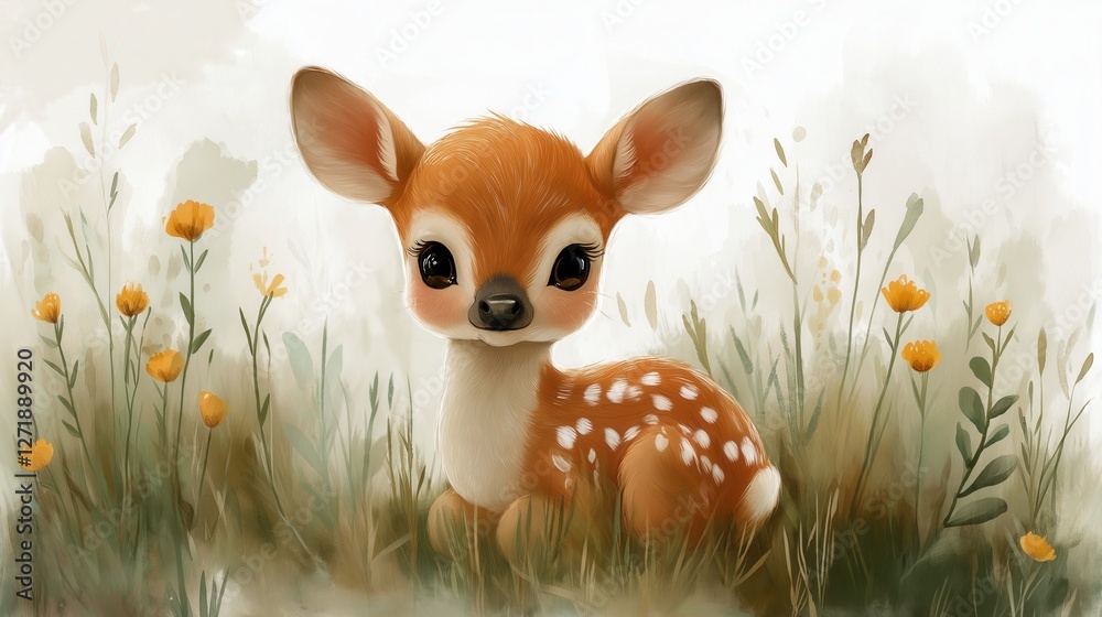 Fototapeta premium A charming watercolor illustration of a young deer standing amidst wildflowers. Perfect for children's books, nature-themed projects, or any creative work involving animals and the forest.