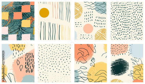 Seamless vector pattern set, hand drawn, ink, pencil, brush, geometric doodles, spots, dots, strokes, stripes, trendy colors, template, social media, posters, prints, wrapping