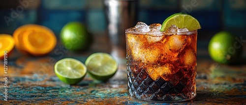 Cuba libre cocktail preparation cuba beverage rustic bar close-up classic rum drink