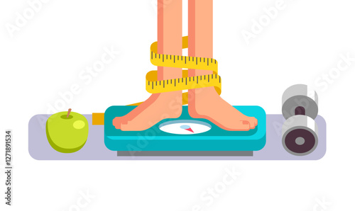 Weight loss and healthy lifestyle concept – feet on a scale wrapped with a measuring tape, with an apple and a dumbbell – vector illustration