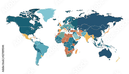 Simple world map vector illustration, flat style, isolated on white background, country outlines, continents, world map design, global map, geographic map, flat world map.