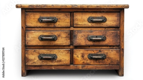 Vintage wooden filing cabinet with metal handles, isolated. 