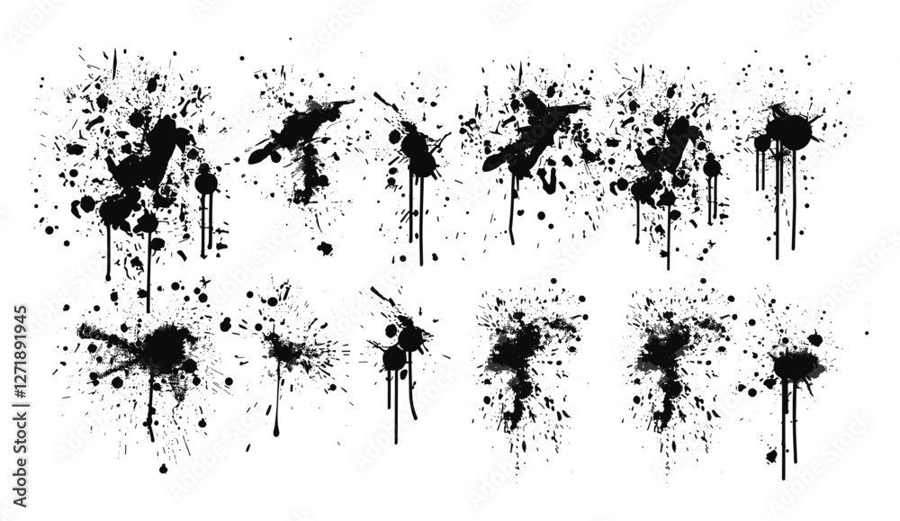 Obraz premium Spray paint drips, inky blots, splashes, black splatters, graffiti inkblot spots, dusty speckle effect, white background, paintbrush splotch, ink drop, liquid blob, grunge splash stains