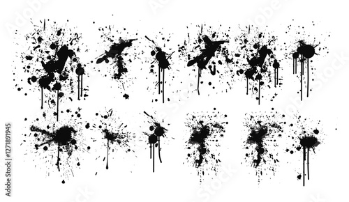 Spray paint drips, inky blots, splashes, black splatters, graffiti inkblot spots, dusty speckle effect, white background, paintbrush splotch, ink drop, liquid blob, grunge splash stains