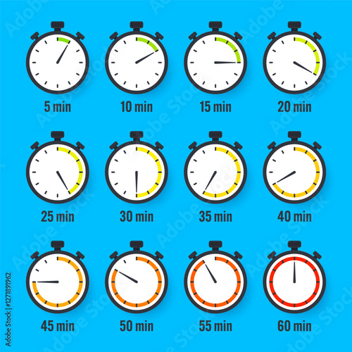 Stopwatch icons. Colorful simple chronometer, time counter with dial. Countdown timer showing hours and minutes. Deadline, measurement for sport. Cooking time label, sticker. Vector illustration