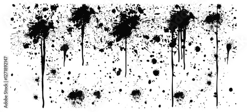 Black splatters, spray paint drips, inky blots, graffiti inkblot spots, dusty speckle effect, white background, paintbrush splotch, ink drop, liquid blob, grunge splash stains