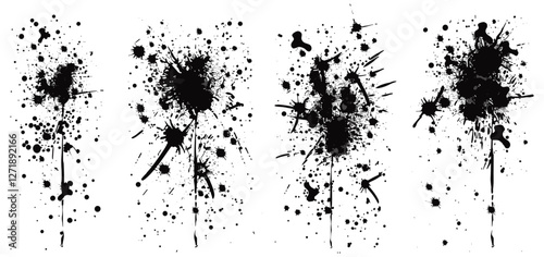 Inky splashes, spray paint drips, black splatters, graffiti inkblot spots, dusty speckle, white background, paintbrush splotch, ink drop, liquid blob, dirty grunge splash stains