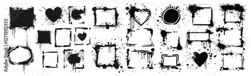 Black graffiti stencil borders, spray paint frames vector illustration, inky drips, blots, splatter, grunge airbrush texture, dirty oval, round, heart, square, rectangular shapes