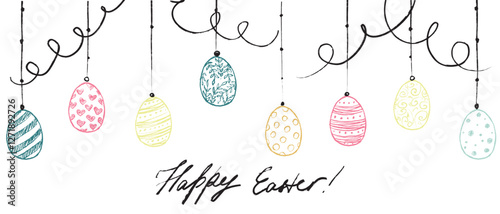 Happy Easter background. Easter holiday greeting card design. Easter eggs on strings in brush stroke texture isolated on white . Hand drawn vector sketch illustration in vintage charcoal ink