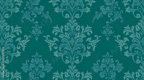 decorative damask pattern including complex floral and scroll motifs. elegant and classic wallpaper style. symmetrical and repeating look