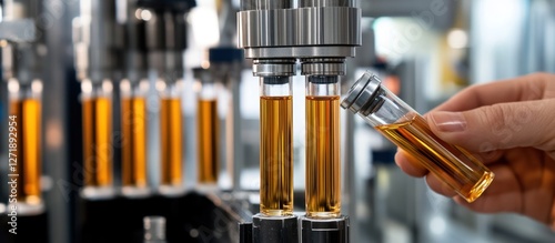 Automated Liquid Handling System with Close up on Test Tubes and Amber Liquid