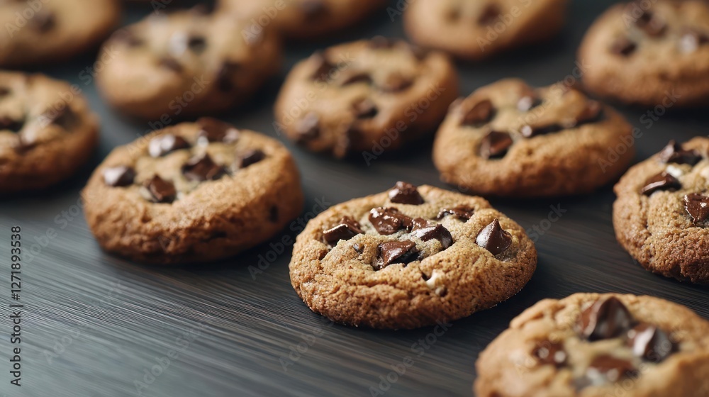 Close Up of Golden Brown Chocolate Chip Cookies on Dark Wood Close Up of Golden Brown Chocolate Chip Cookies on Dark Wood