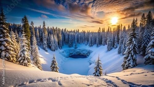 Frozen Landscape: Deep Crater Amidst Evergreen Trees - Dramatic Winter Scene
