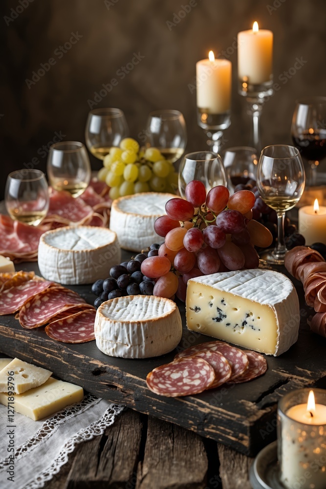 Elegant cheese and charcuterie board arranged with grapes, candles, and wine glasses for an evening gathering Elegant cheese and charcuterie board arranged with grapes, candles, and wine glasses for an evening gathering
