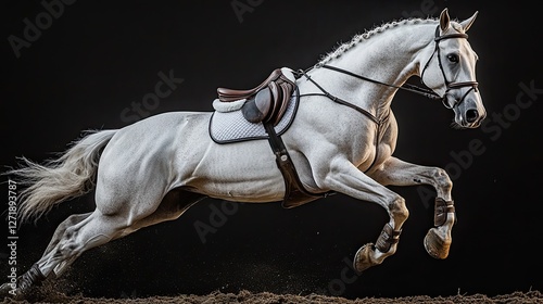 White horse galloping against a black backdrop. --