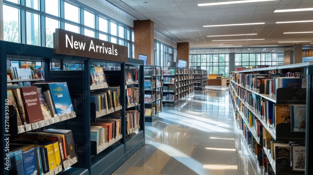 Fototapeta premium A library with a sign that says New Arrivals