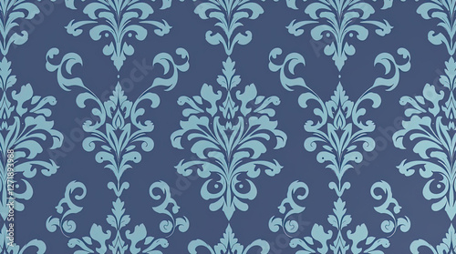 decorative damask pattern including complex floral and scroll motifs. elegant and classic wallpaper style. symmetrical and repeating look