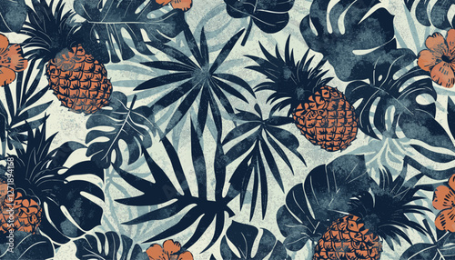 Tropical pineapple vintage pattern, seamless flower leaf design, fabric shirt, beach towel, tablecloth, pillow, grunge effect print, tropical summer, retro style, home textile, summer decor.