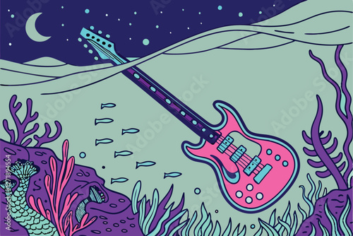  Electric guitar, cosmic design, glowing neon colors, underwater scene, coral reefs, starry night sky, bioluminescent, ethereal atmosphere, fantasy landscape, vibrant pink and blue hues, surreal art